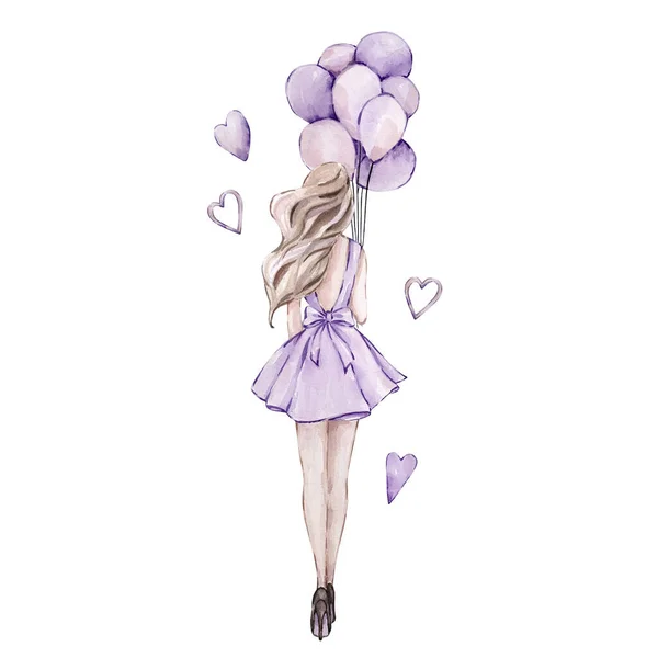 Ilustração Aquarela Dia Dos Namorados Menina Com Balões Corações Purpl — Fotografia de Stock