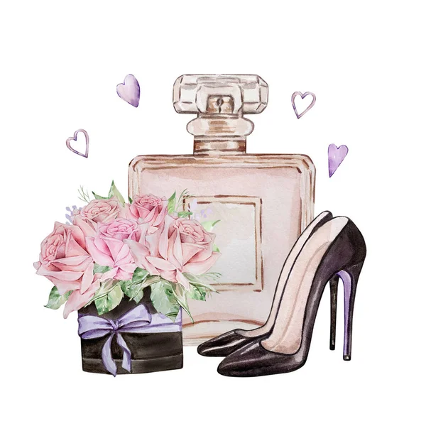 Illustration Aquarelle Saint Valentin Flacon Parfum Chaussures Pour Femmes Noires — Photo