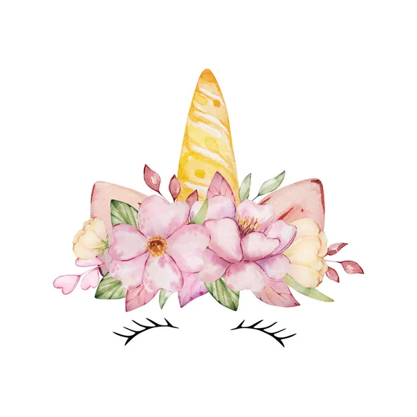 Akvarel Roztomilý Jednorožec Tvář Květinami Kytice Izolované Pro Pozvánky Vzory — Stock fotografie