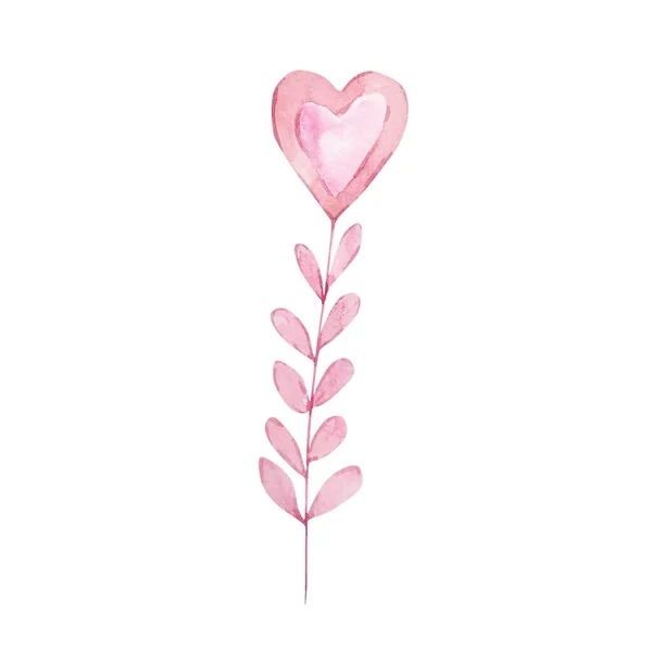Akvarel Delikátní Větev Srdcem Tvaru Květiny Izolované Pro Zvací Design — Stock fotografie