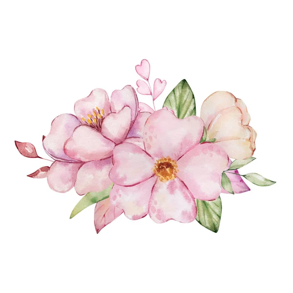 Acquerello Bouquet Primavera Delicati Fiori Rosa — Foto Stock