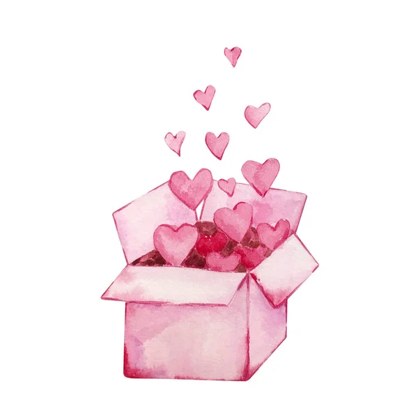 Acuarela Caja Abierta Rosa Con Corazones Rosados Aislados Para Diseños —  Fotos de Stock