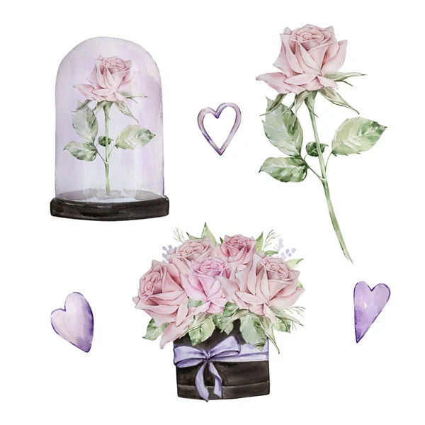 Watercolor Illustration Valentine Day Bouquet Roses Rose Glass Jar Delicate — Stock Photo, Image