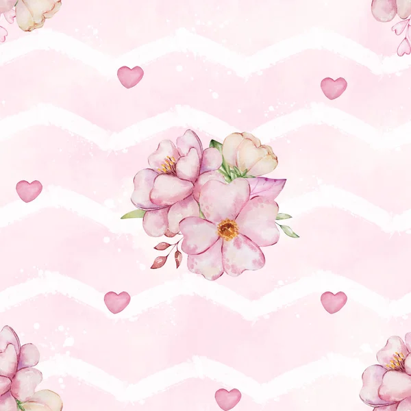 Seamless Pattern Cute Delicate Pink Spring Bouquets Flowers Watercolor Hand — Stock Photo, Image