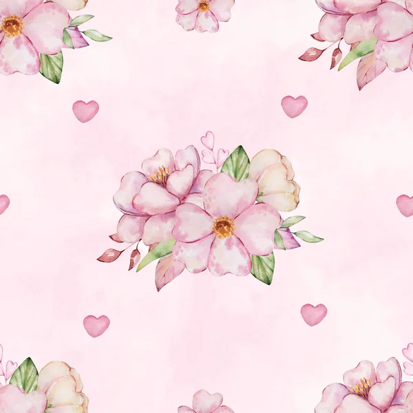 Kusursuz desenli şirin pembe bahar çiçekleri suluboya, elle çizilmiş, pembe bir sırtüstü