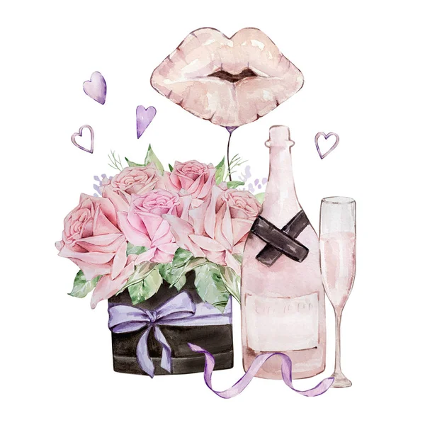 Watercolor Illustration Valentine Day Champagne Box Rose — Stock Photo, Image
