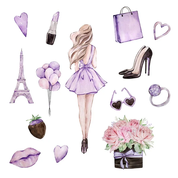 バレンタインデー 女の子 エッフェル塔 風船や紫の色の他のかわいい要素の水彩イラストセット — ストック写真