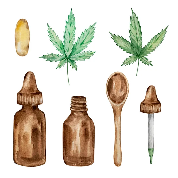 Akvarelluppsättning Gröna Cannabisblad Och Glasflaskor Handritade — Stockfoto