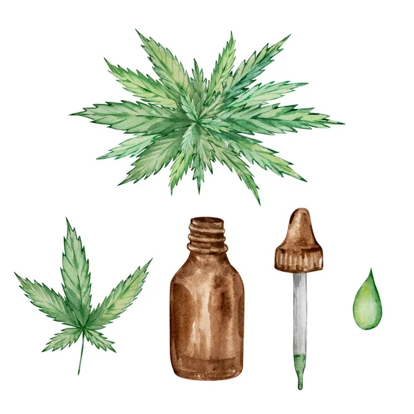 Akvarelluppsättning Gröna Cannabisblad Och Glasflaskor Handritade — Stockfoto