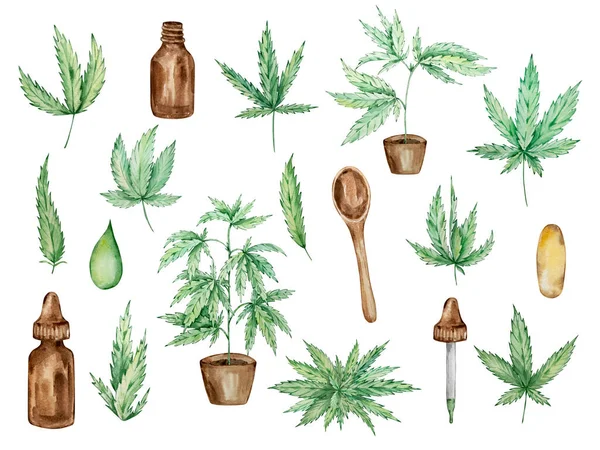 水彩画大系列绿色大麻叶 玻璃瓶 胶囊和勺子 — 图库照片