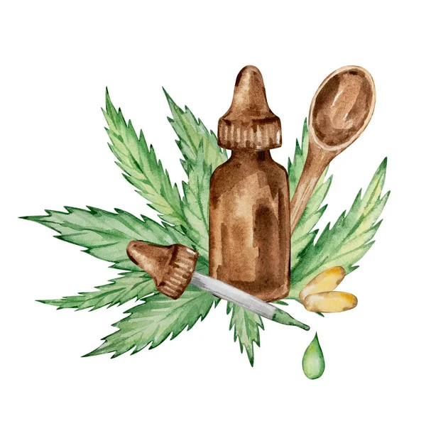 Waterkleursamenstelling Groene Cannabisbladeren Glazen Fles Lepel Capsule Druppelaar Handtrekken — Stockfoto