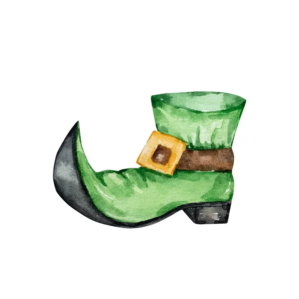 Ilustração Aquarela Sapato Verde São Patrício Isolado Desenhado Mão — Fotografia de Stock