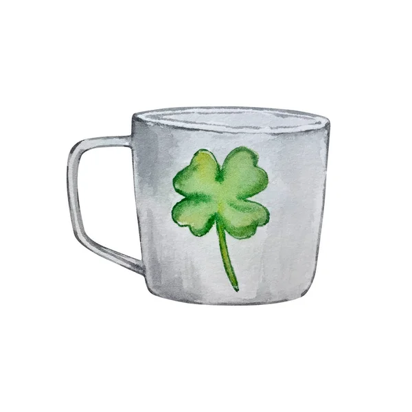水彩画圣帕特里克节灰色杯子与三叶草 — 图库照片