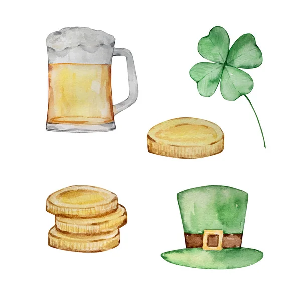 Aquarell Patrick Day Illustrationsset Bierkrug Hut Münzen Und Klee — Stockfoto