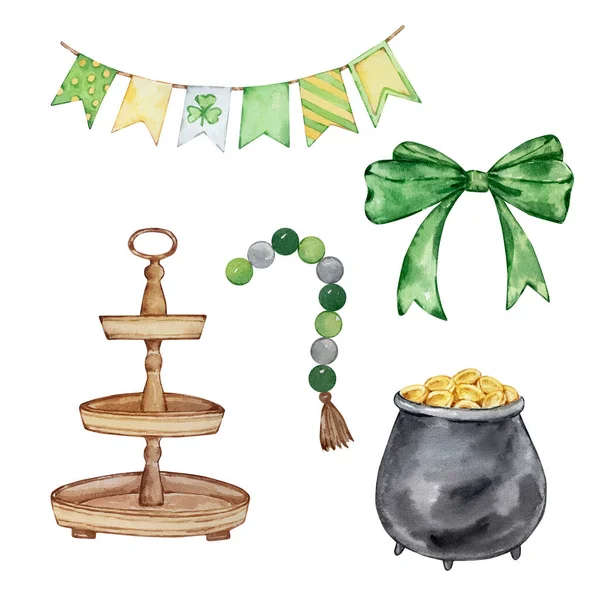 Aquarell Patrick Day Illustrationsset Abgestuftes Tablett Girlandenfahne Kessel Mit Münzen — Stockfoto