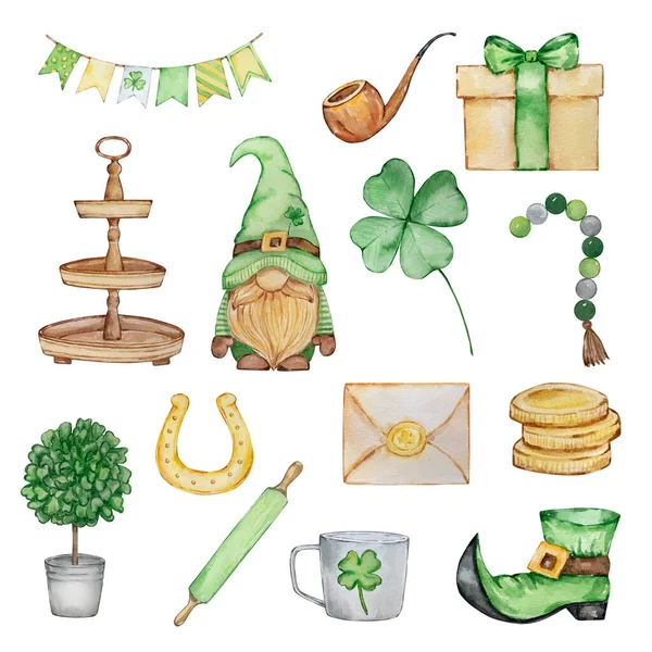 Aquarell Patrick Day Illustrationsset Gnome Tasse Girlandenfahne Ortsschild Hufeisen Geschenkbox — Stockfoto