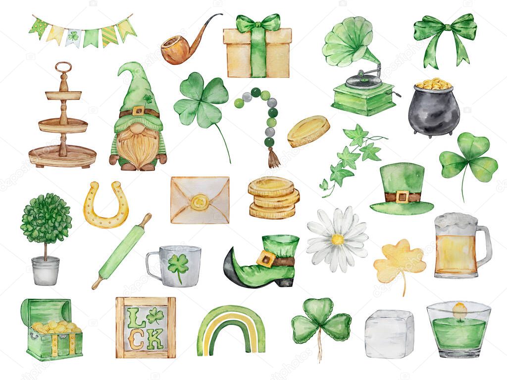 Watercolor St. Patrick's Day illustration set, gnome, cup, garland flag, topiary, horseshoe, gift box and other element