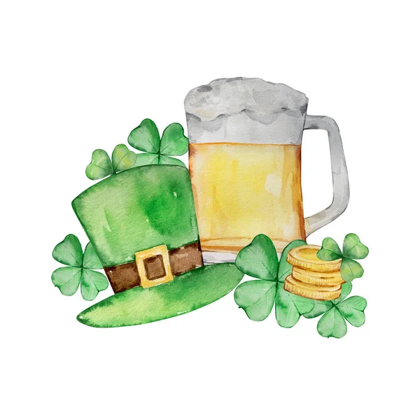 圣帕特里克节水彩画 绿帽啤酒杯和丁香啤酒 — 图库照片