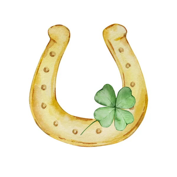 Aquarell Illustration Des Patricks Day Goldenes Hufeisen Mit Nelke — Stockfoto