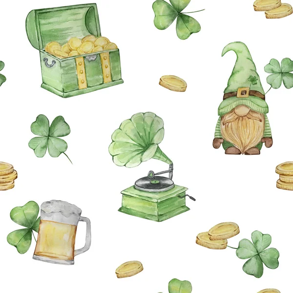 Acquerello Trifoglio Verde Folletto Petto Birra Modello Senza Cuciture Patricks — Foto Stock