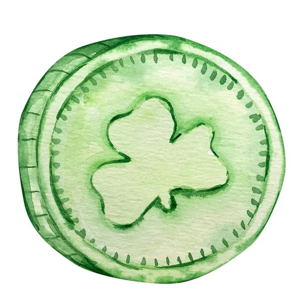 Акварель Зеленые Конфеты Монеты Завернуты Клевер Святого Патрика — стоковое фото