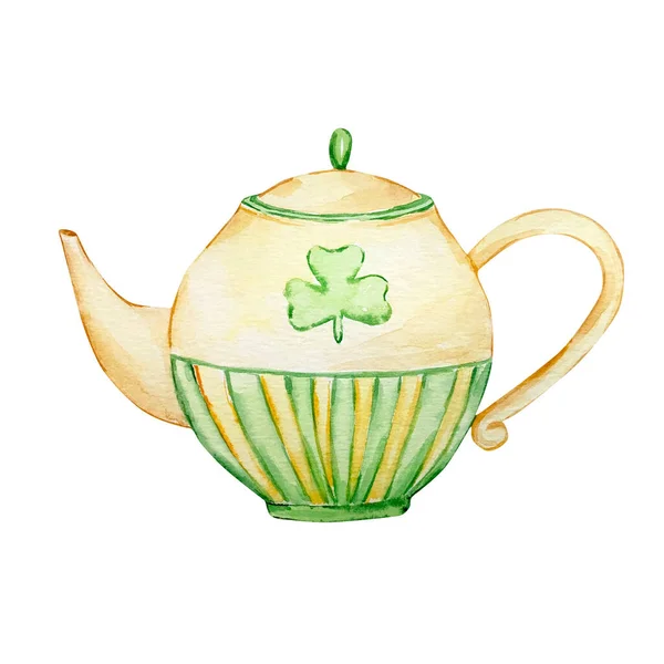 Aquarell Beige Teekanne Mit Grünen Streifen Und Klee Patrick — Stockfoto