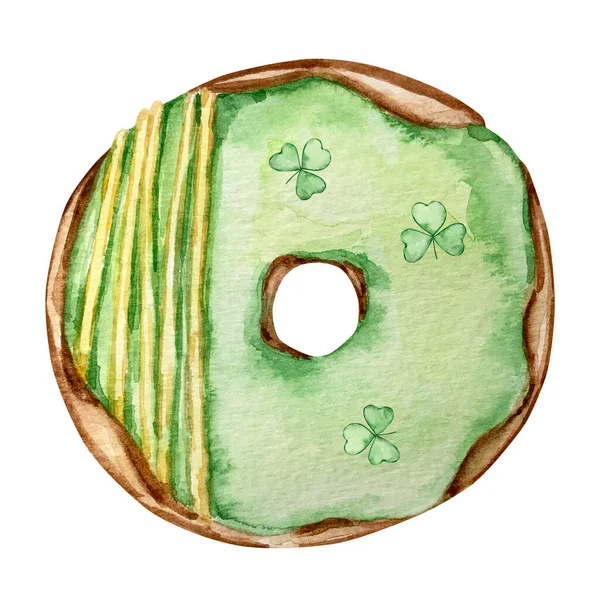 Водокольоровий Пончик Зеленим Глазур Конюшиною Святого Патрика — стокове фото
