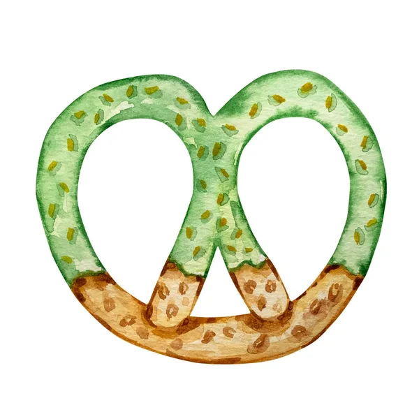 Watercolor Pretzel Covered Green Patrick Day — Stock Photo, Image