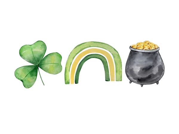圣帕特里克节的水彩画 三叶草 绿色彩虹和铜锅 — 图库照片