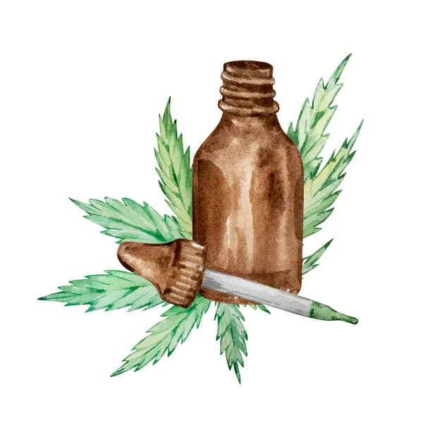 Akvarell Sammansättning Gröna Cannabisblad Glasflaska Och Dropper Handritade — Stockfoto
