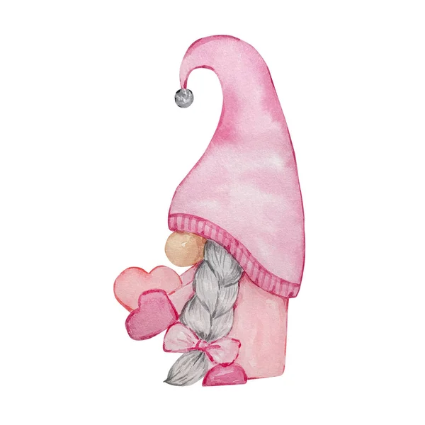 水彩画可爱的粉色情人节小妖精带着听觉 — 图库照片