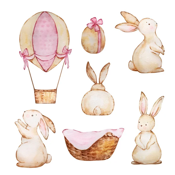 水彩画一套可爱的棕色复活节兔子 气球和柳条筐 — 图库照片