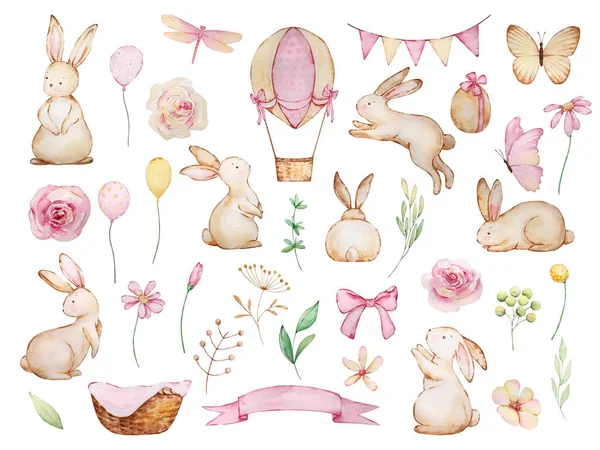 Big Watercolor Easter Set Cute Bunnies Flowers Butterflies Other Elements — Stock Photo, Image