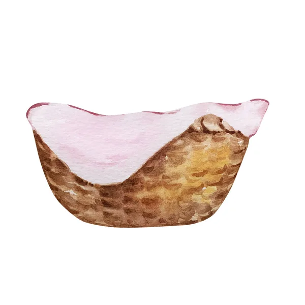 Watercolor Brown Wicker Basket Pink Blanke — Stock Photo, Image