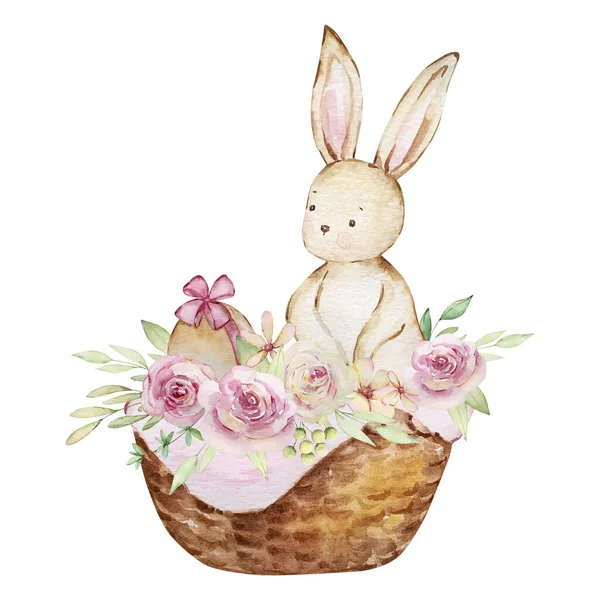 Akvarel Jarní Velikonoční Zajíček Košíku Vejcem Květinou — Stock fotografie