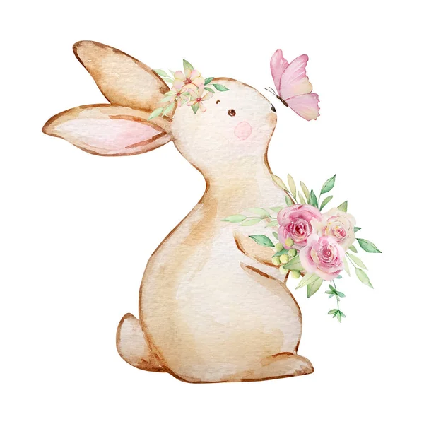Watercolor Spring Easter Illustration Bunny Bouquet Flowers Butterfl — Stock Photo, Image