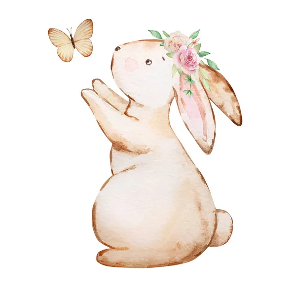 Akvarel Jarní Velikonoční Ilustrace Zajíček Kyticí Květin Motýl — Stock fotografie