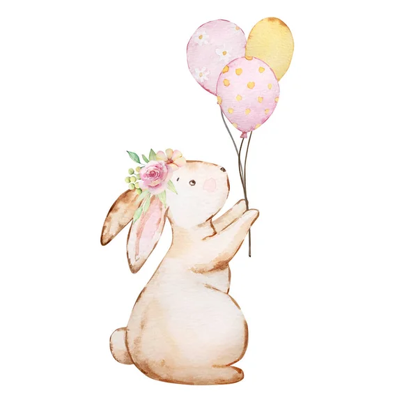 Акварель Весенняя Пасхальная Иллюстрация Кролик Шариками — стоковое фото