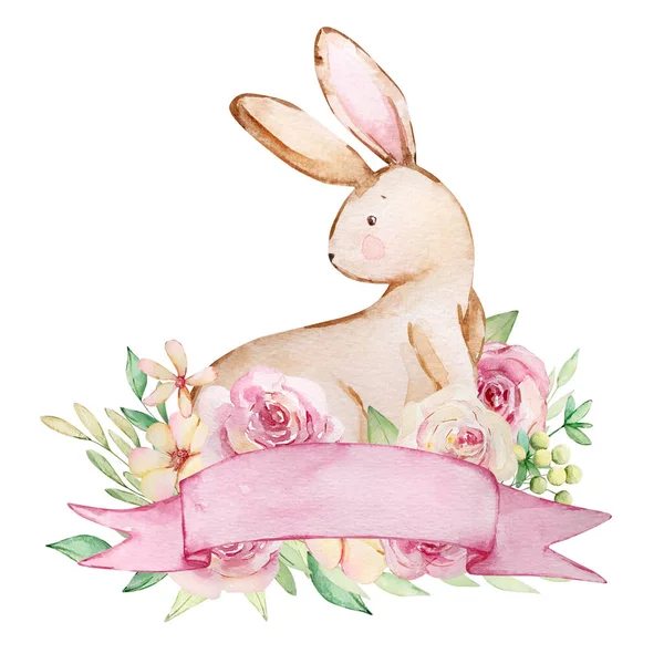 Акварель Весенняя Пасхальная Иллюстрация Кролика Цветами Баннером — стоковое фото