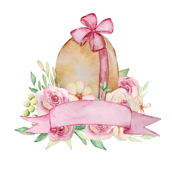Akvarel Jarní Velikonoční Ilustrační Vejce Kyticí Praporem — Stock fotografie