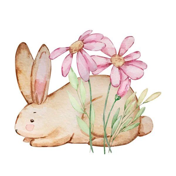 Watercolor Spring Easter Illustration Bunny Flowers — Stock Photo, Image