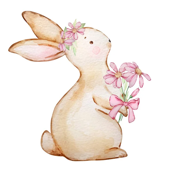 Акварель Весенняя Пасхальная Иллюстрация Кролика Букетом Цветов — стоковое фото