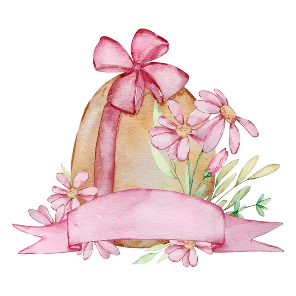 Acuarela Primavera Pascua Ilustración Huevo Con Flores Ramo Banne — Foto de Stock