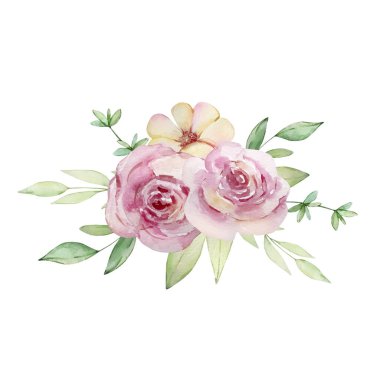 Açık pembe gül ve yapraklardan oluşan bir buket suluboya çizimi