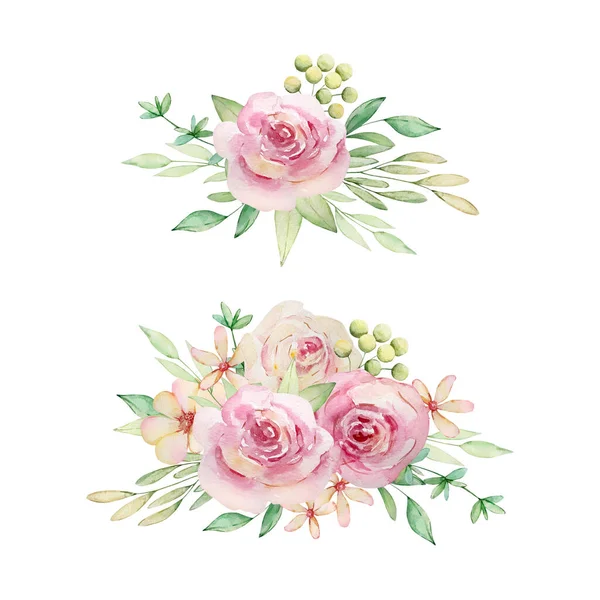Υδατογραφία Floral Set Δύο Ανθοδέσμες Από Τριαντάφυλλα Και Φύλλα — Φωτογραφία Αρχείου