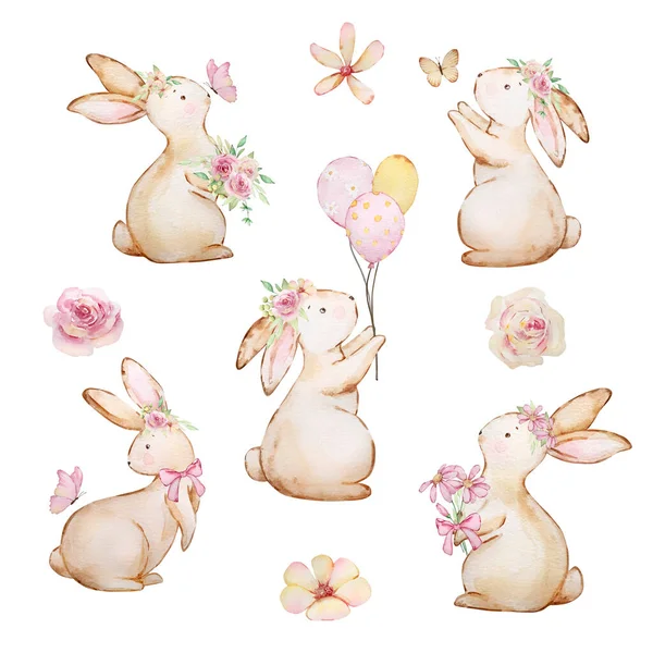 Акварельний Весняний Великодній Набір Кроликами Метеликами Квіткою — стокове фото
