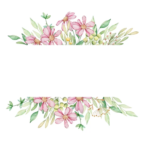 Υδατογραφία Floral Frame Banner Από Ροζ Λουλούδια Και Φύλλα — Φωτογραφία Αρχείου