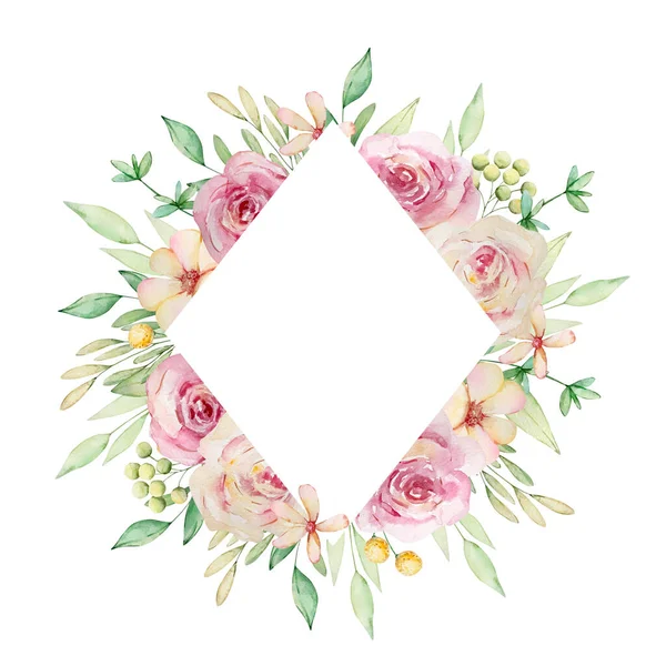 Υδατογραφία Floral Ρόμβος Πλαίσιο Από Ροζ Τριαντάφυλλα Και Φύλλα — Φωτογραφία Αρχείου