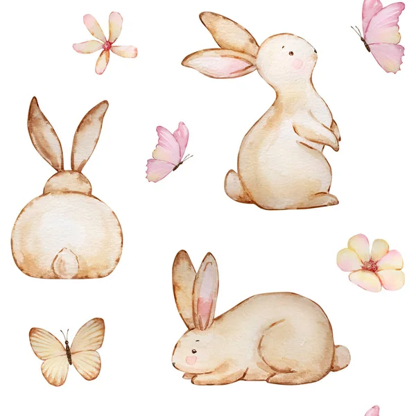 水彩画无缝图案复活节兔子与花和蝴蝶 — 图库照片