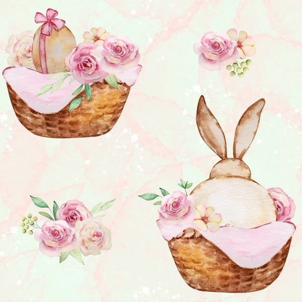 Watercolor Spring Seamless Pattern Baskets Easter Bunnies Eggs Flower — ストック写真